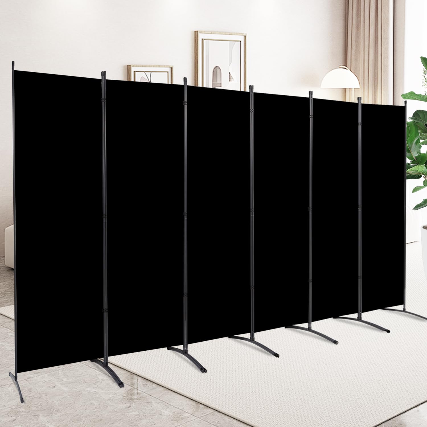 6 Panel Folding Privacy Screens, 6 FT Tall Wall Divider with Metal Frame, Freestanding Room Divider for Office Bedroom Study (6 Panel, Black)