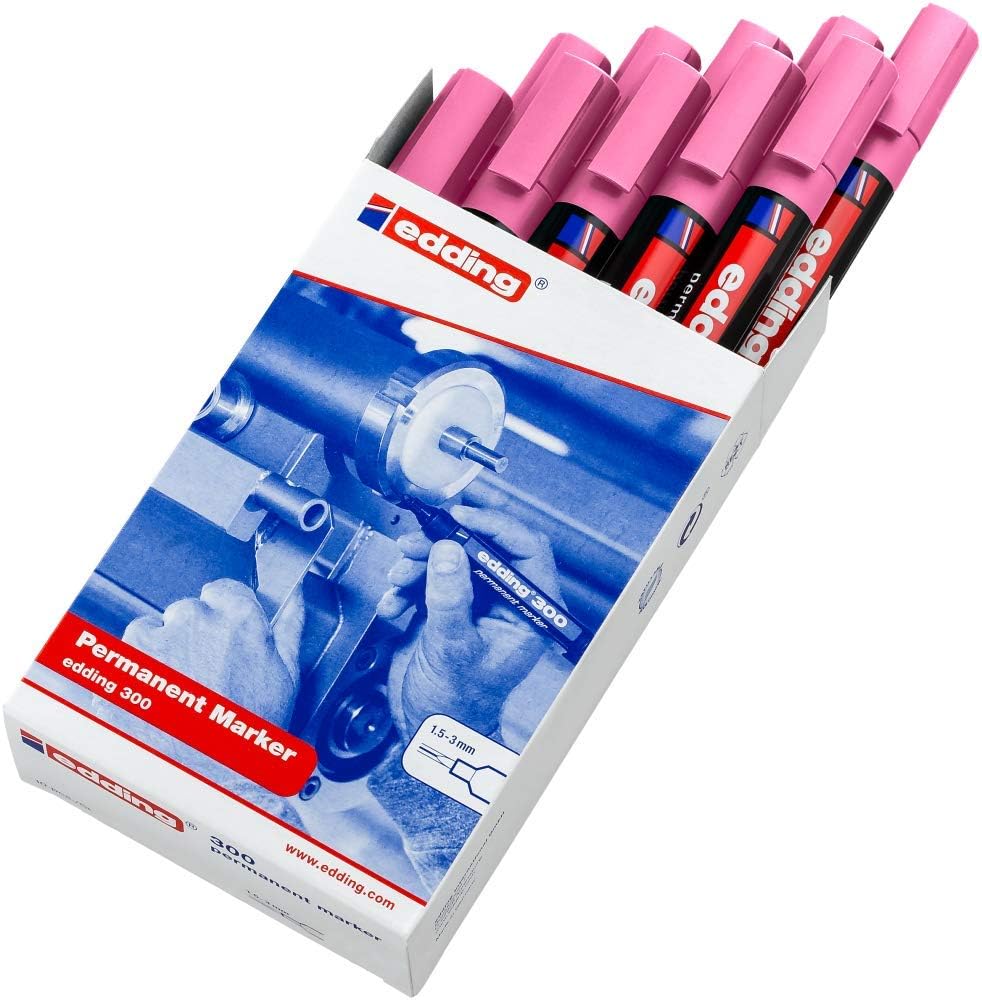 edding 300 permanent marker - pink - 10 pens - round tip 1.5-3 mm - waterproof, quick-drying, smear-proof pens - for cardboard, plastic, glass, wood, metal and fabric