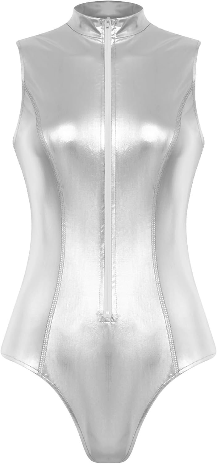 Vxuxlje Womens Shiny Metalic High Cut Bodysuit Sleeveless Front Zipper Jazz Dance Leotard Jumpsuit