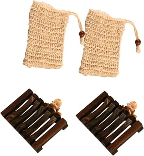 GALPADA Linen Bubble Mesh Soap Bags 2pcs with Wooden Soap Rack Set Natural Cotton Linen for Bathroom Eco-Friendly and Drying Accessories