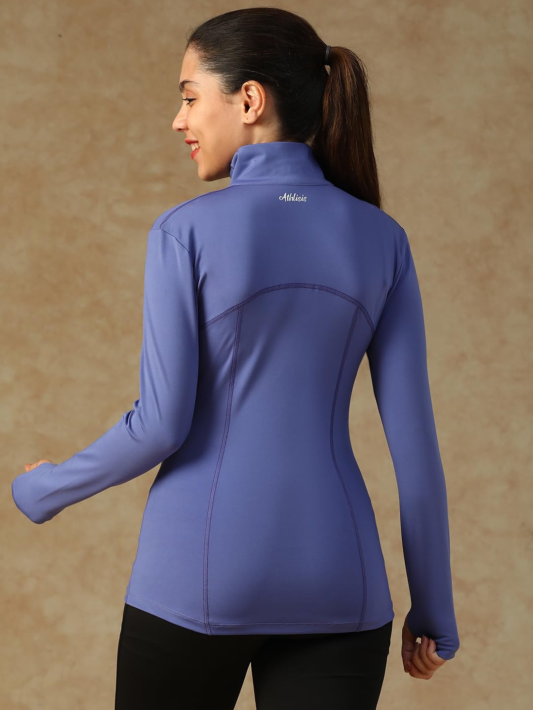 ATHLISIS Womens Training Jacket with Thumbhole Sleeves & Mock Neck Full Zip, Quick-Dry, Lightweight Stretchable Activewear for Gym, Yoga, Workout & Sports (IN, Alpha, 2XL, Regular, Purple) 2