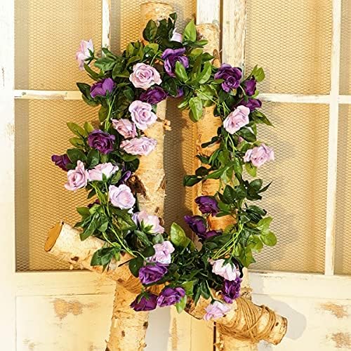 Veryhome 3PCS 7.9FT Artificial Purple Rose Flower Garland, Silk Hanging Floral Garland , Decorative Flower Vines for Room Decor Wedding Flowers Arches for Ceremony (Purple)