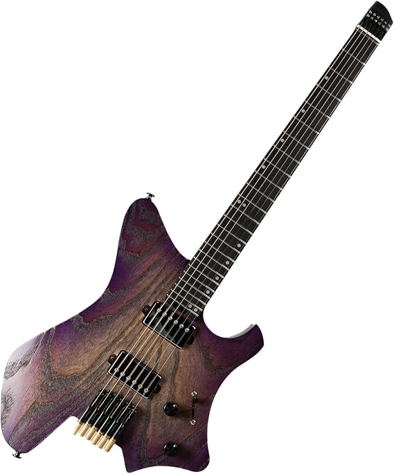 EART GW2-Pro Headless Electric Guitar fixed Bridge for Travel, Roasted Ash Solid-Body - Wenge Neck,Trans white/natural/Solid black(GD)