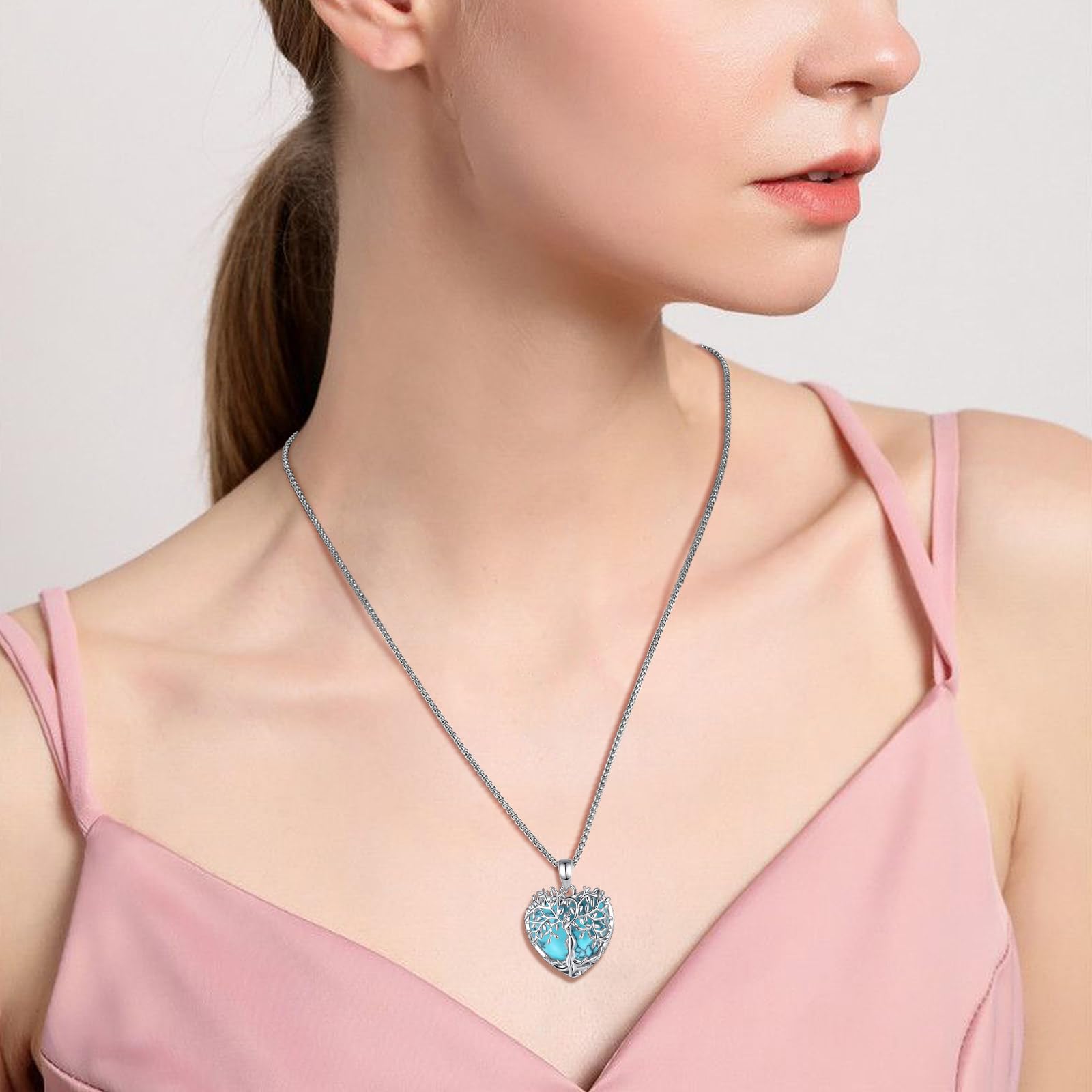 AEONSLOVE Collar Arbol de la Vida para Mujer, Colgante Árbol de la Vida con Piedra Luna Turquesa Collar Amatista Malaquita Obsidiana Piedras Protectoras de Cristal Regalo del Día de la Madre