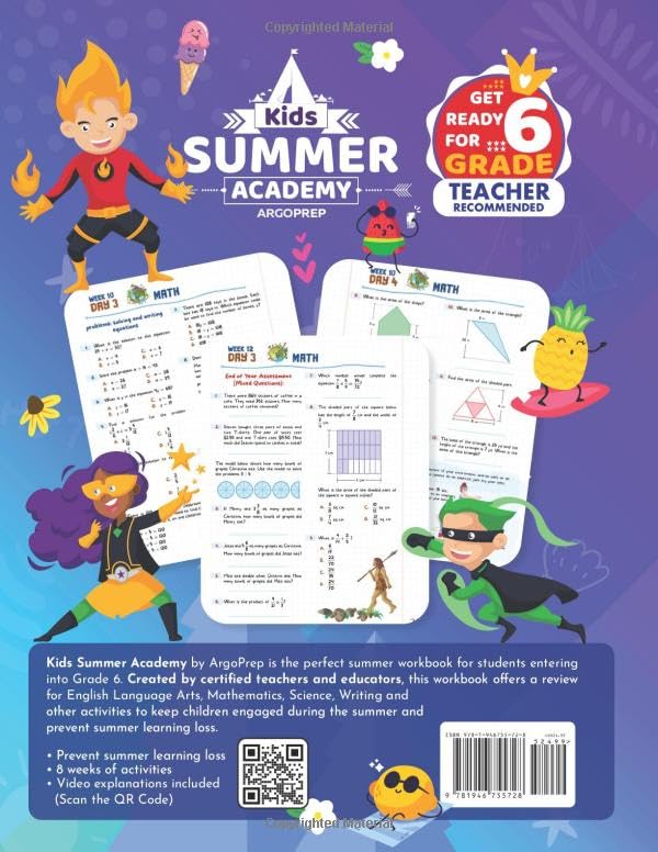 Kids Summer Academy by ArgoPrep - Grades 5-6: 8 Weeks of Math, Reading, Science, Logic, Fitness and Yoga | Online Access Included | Prevent Summer Learning Loss