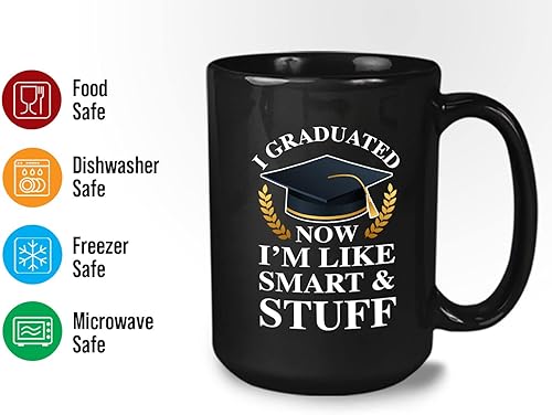 Miniatura 3 de Taza de café de graduación de 15 onzas, color negro, con texto en inglés Now I'm Like Smart & Stuff  Chistes graduados divertidos, collage tonto,