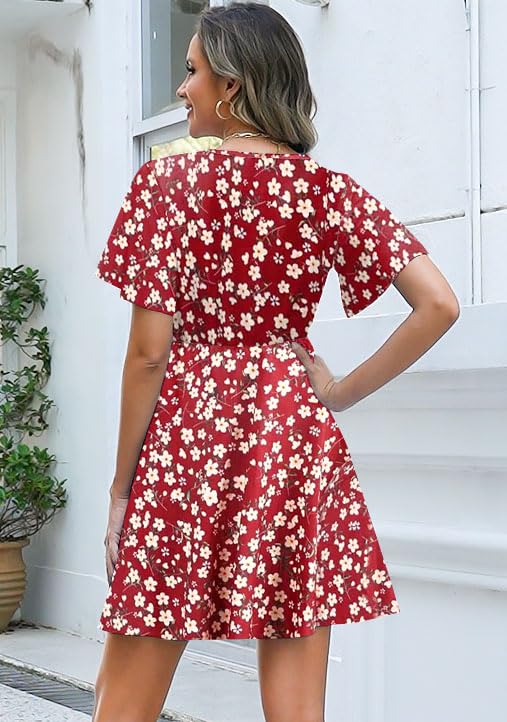 ETCYY NEW Womens Summer Dresses Slant Open V Neck Floral Printed Sundresses Flowy Dress Short Sleeve4