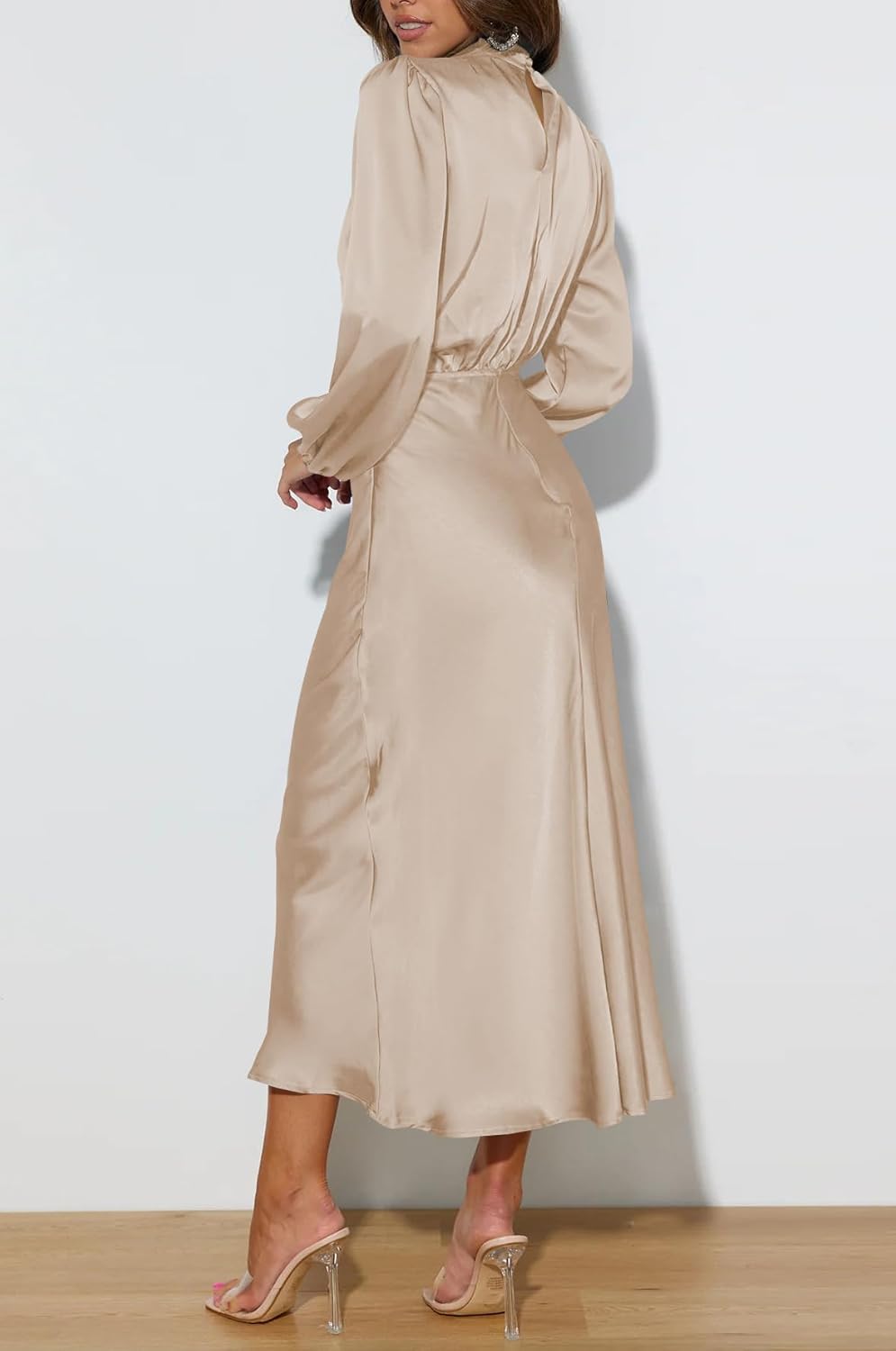Plustrong Womens Mock Neck Satin Maxi Dress Long Sleeve Formal Party Cocktail Wedding Guest Dresses - Image 6