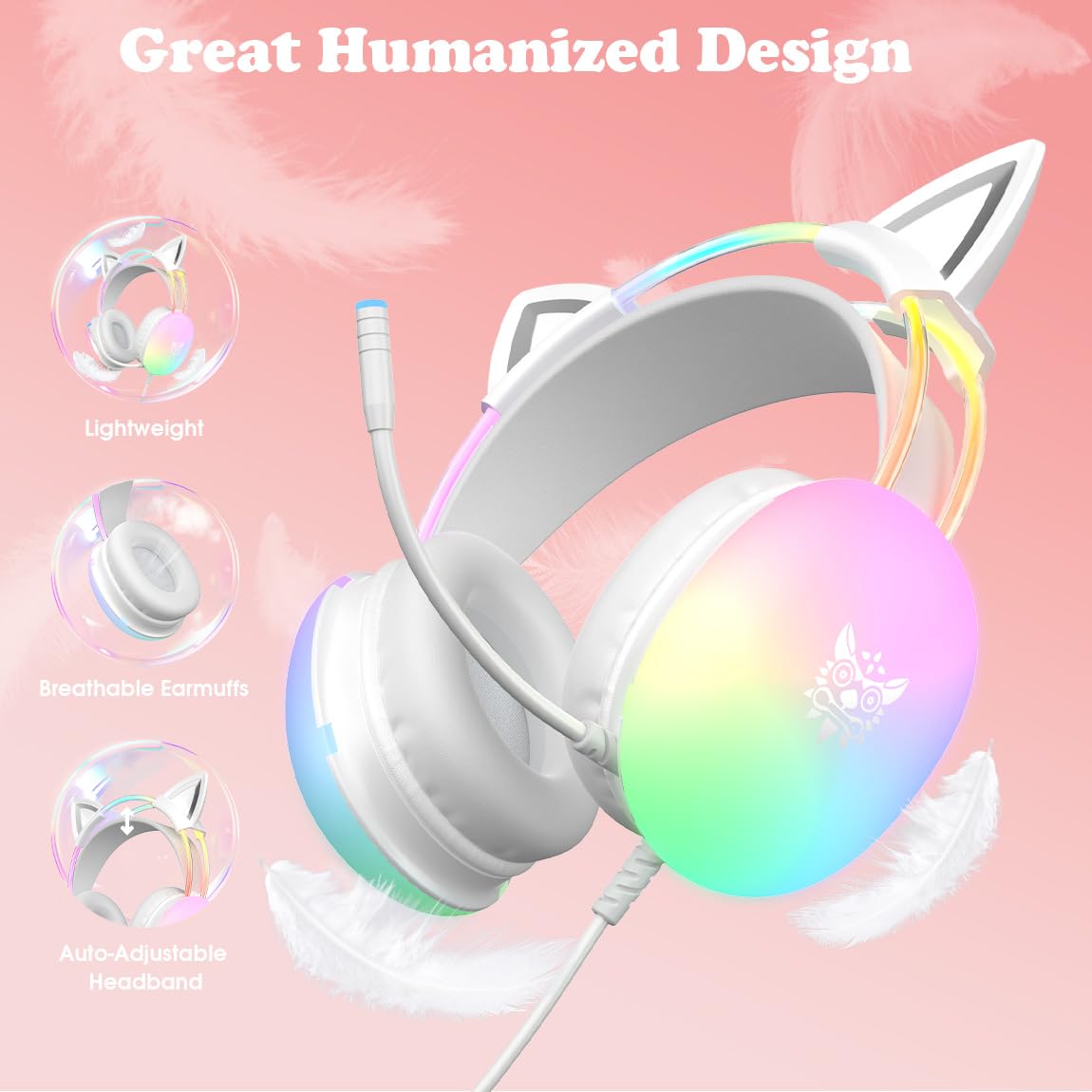 Cuffie da gioco con orecchie di gatto con microfono, illuminazione arcobaleno RGB, suono surround, cuffie over-ear cablate da 3,5 mm per PC/interruttore/laptop, fascia leggera e regolabile