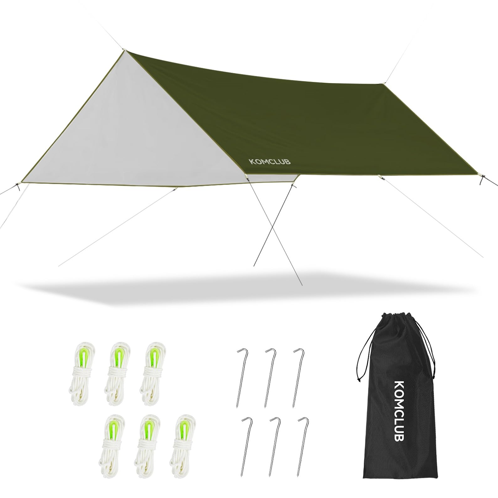 KOMCLUB Camping Tent Tarp,Multifunctional Waterproof Tarp 210D Oxford Cloth,Heavy Duty Tent Shelter or Rain Fly - Camping Essentials for Hiking, Bushcraft & Hammock(Green+Accessories) (290 * 400cm)