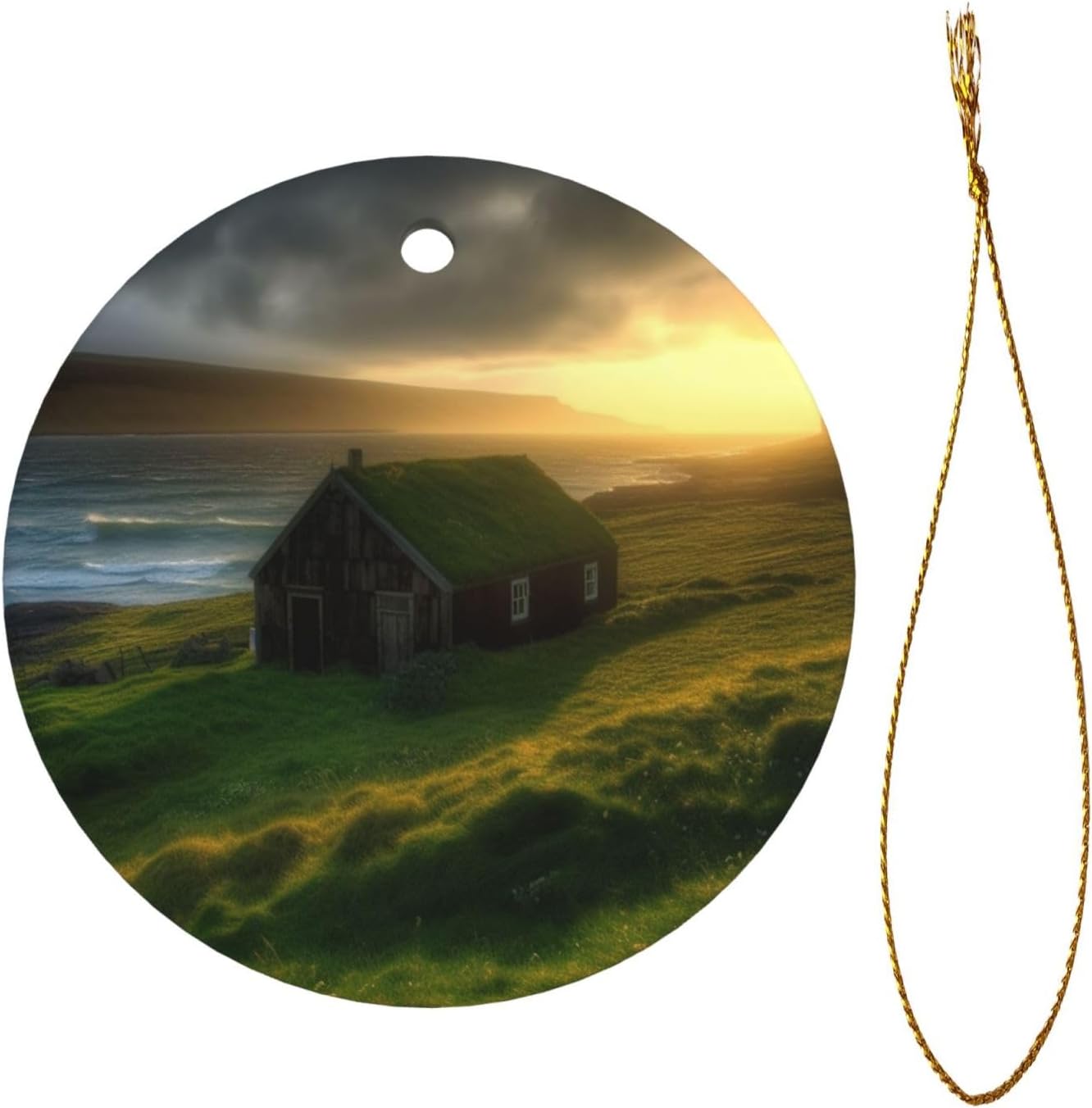 Christmas Ornaments Ceramic Round Christmas Hanging Ornament Double-Sided Iceland Hut Grass Coast Sea Sun Rays Print Christmas Tree Pendants for Fireplace Party Holiday Wedding Xmas Decoration Gift