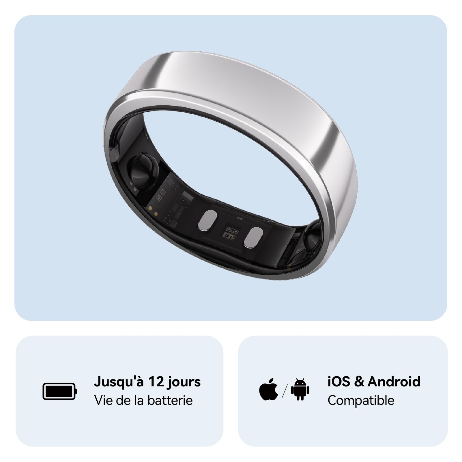 RingConn Gen 2 Smart Ring | Suivi de l’apnée du Sommeil inédit | 12 Jours d’autonomie | Suivi Sommeil, fréquence Cardiaque & Stress | Santé féminine | sans abonnement | iOS/Android (Argent, Taille 8)