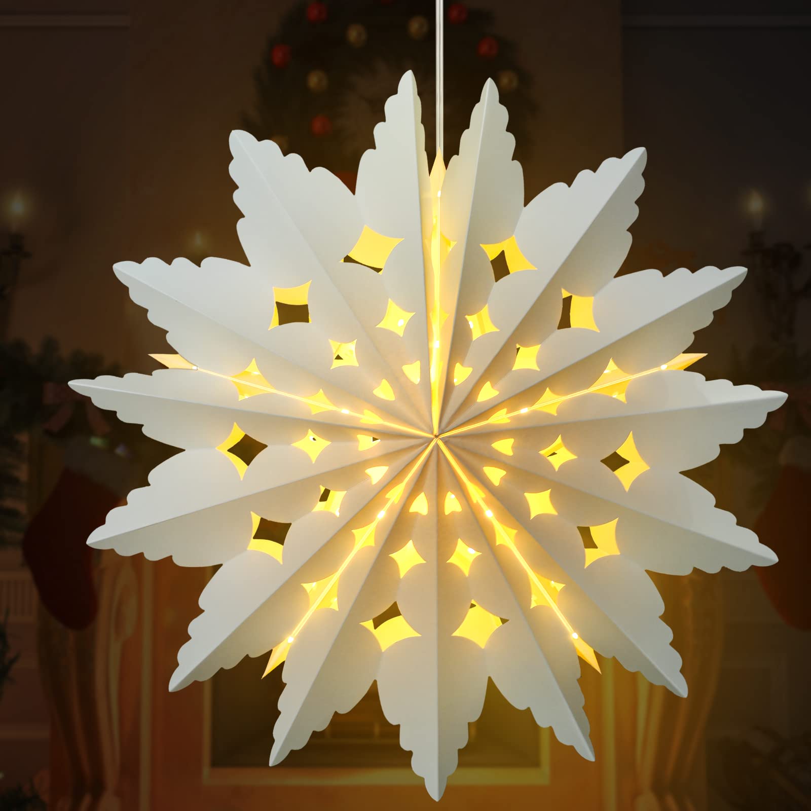 Mudder 23.6 in Christmas Star Paper Lantern with Timer Light,Elegant Style