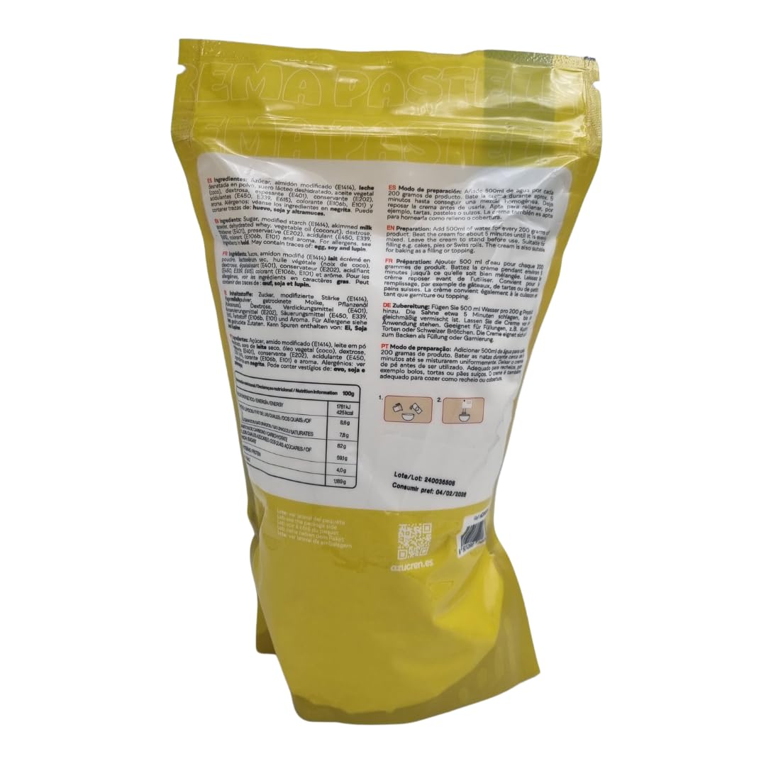 Azucren, Crema Pastelera en Polvo, Perfecta para Rellenos, Hojaldres, Tartas, Fácil de Usar, Solo Añadir Agua, 500 Gramos de Agua por 200 Gramos de Producto, 1 Kilo