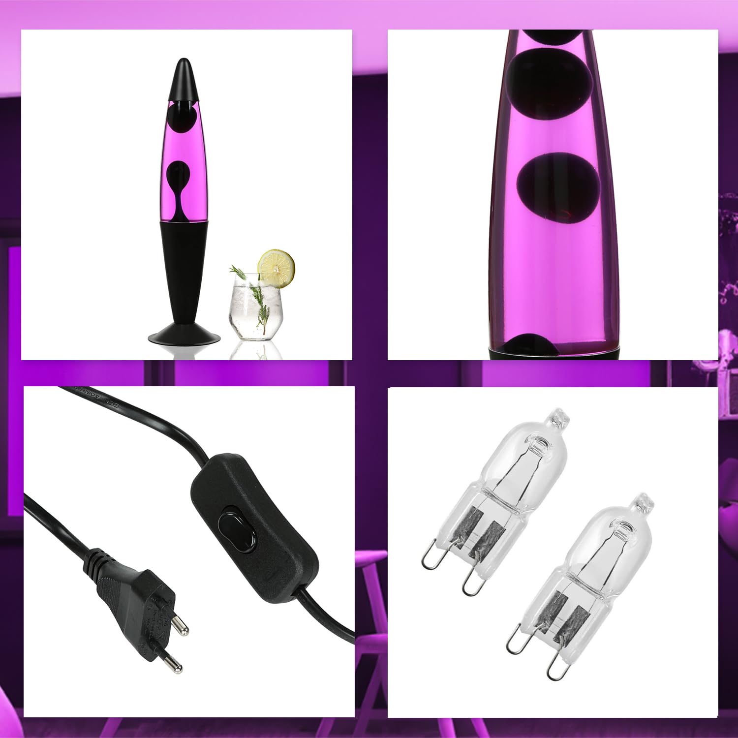 Licht-Erlebnisse Lavalampe Schwarz Lila Pink, Lava Tisch Leuchte, Wohnzimmer, Jugendzimmer, Partykeller, H:42 cm, entspannend, Geschenkidee, Retro Lampe, JENNY