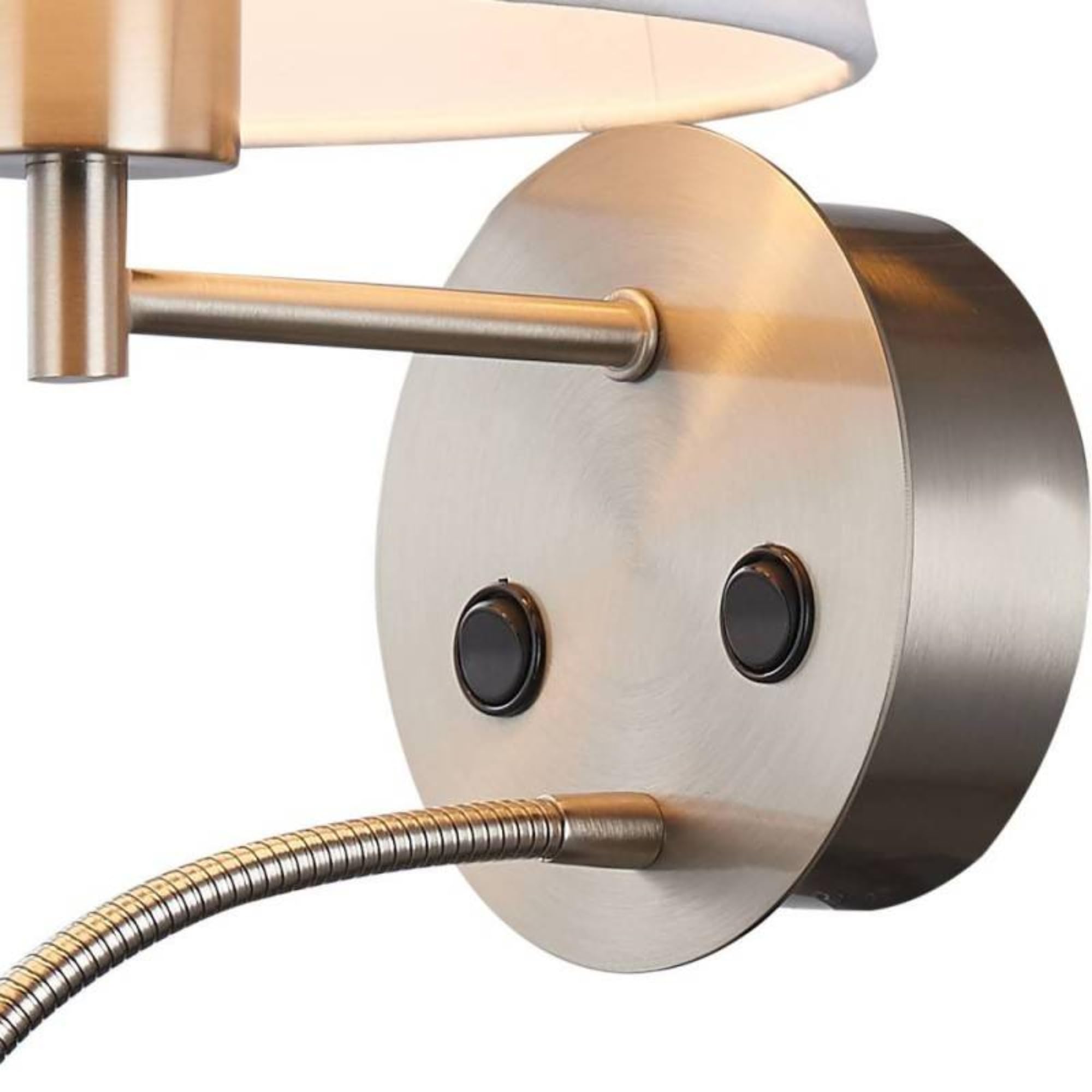 BarcelonaLed - Applique da parete E27 con faretto di lettura orientabile flessibile da 1 W, paralume in tessuto bianco, con 2 interruttore, per camera da letto, testiera del letto, comodino, salotto