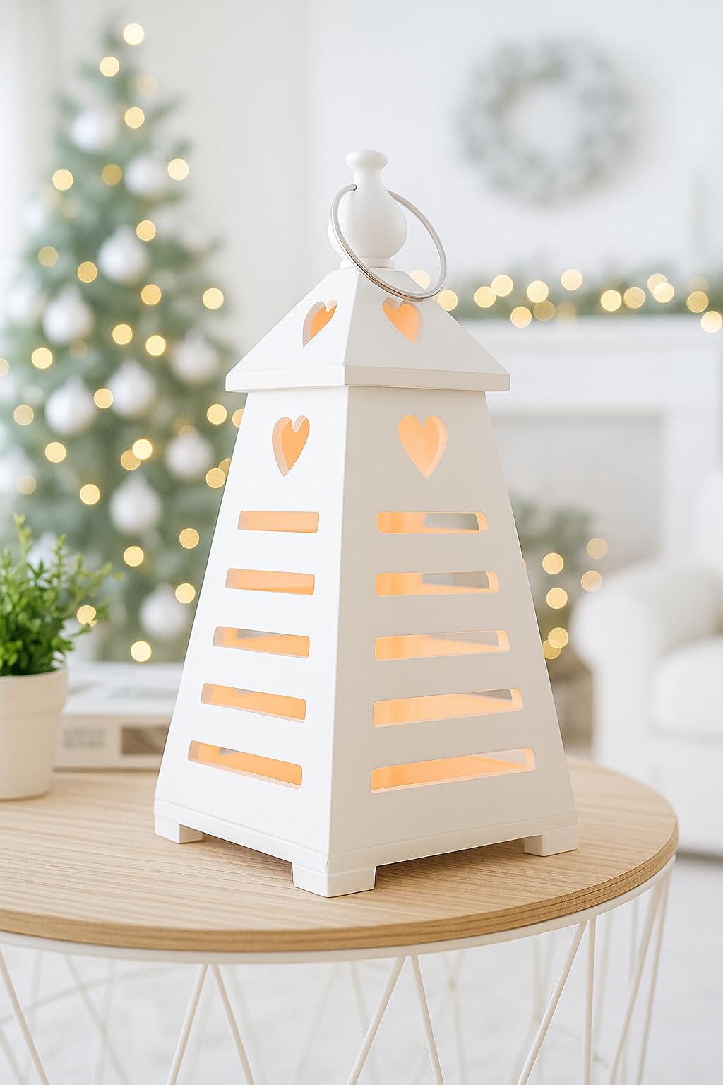 Marco Paul LED Wooden Lantern White Heart Flameless Candle Holder Pyramid Home Decoration Rustic Free Standing Pre Lit Light Up Lantern Indoor Home Décor Hanging Battery Operated Lighting