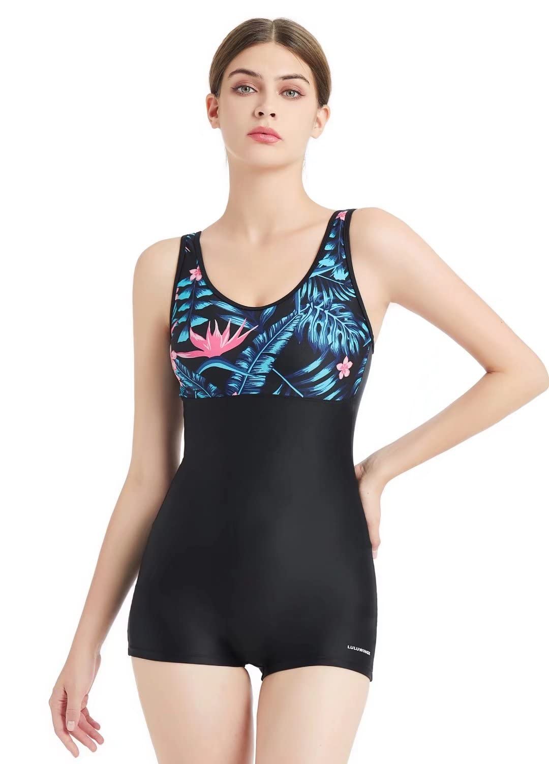 Luluwingx Women's Black Boyleg One Piece Swimsuit Sport Swimming Costume Modest Athletic Swimwear (X-Small)