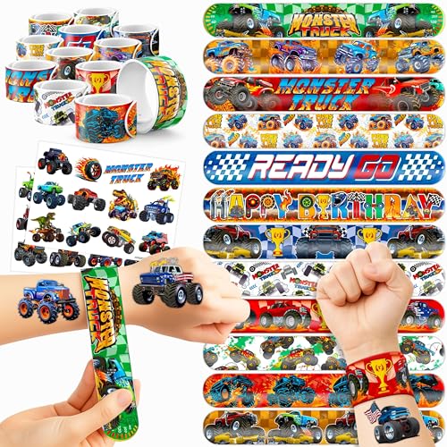 48PCS Monster Truck Party Favors Decorations, Tattoos & Snap Slap Bracelets