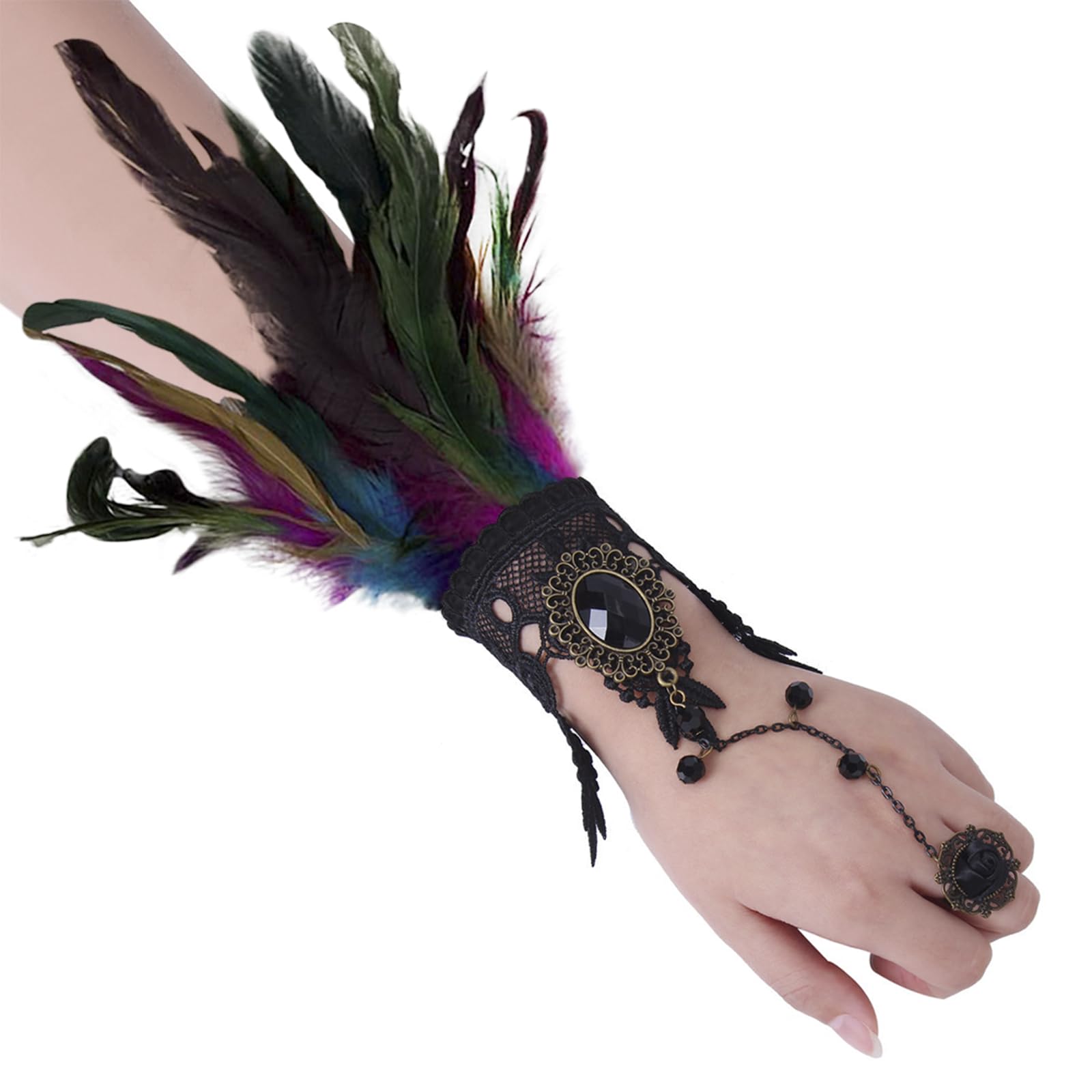 1 Pair Gothic Feather Wrist Cuffs Punk Carnival Dyed Rooster Feather Gloves Fancy Dress Cosplay Halloween Costume Witch Demon Crow Gloves
