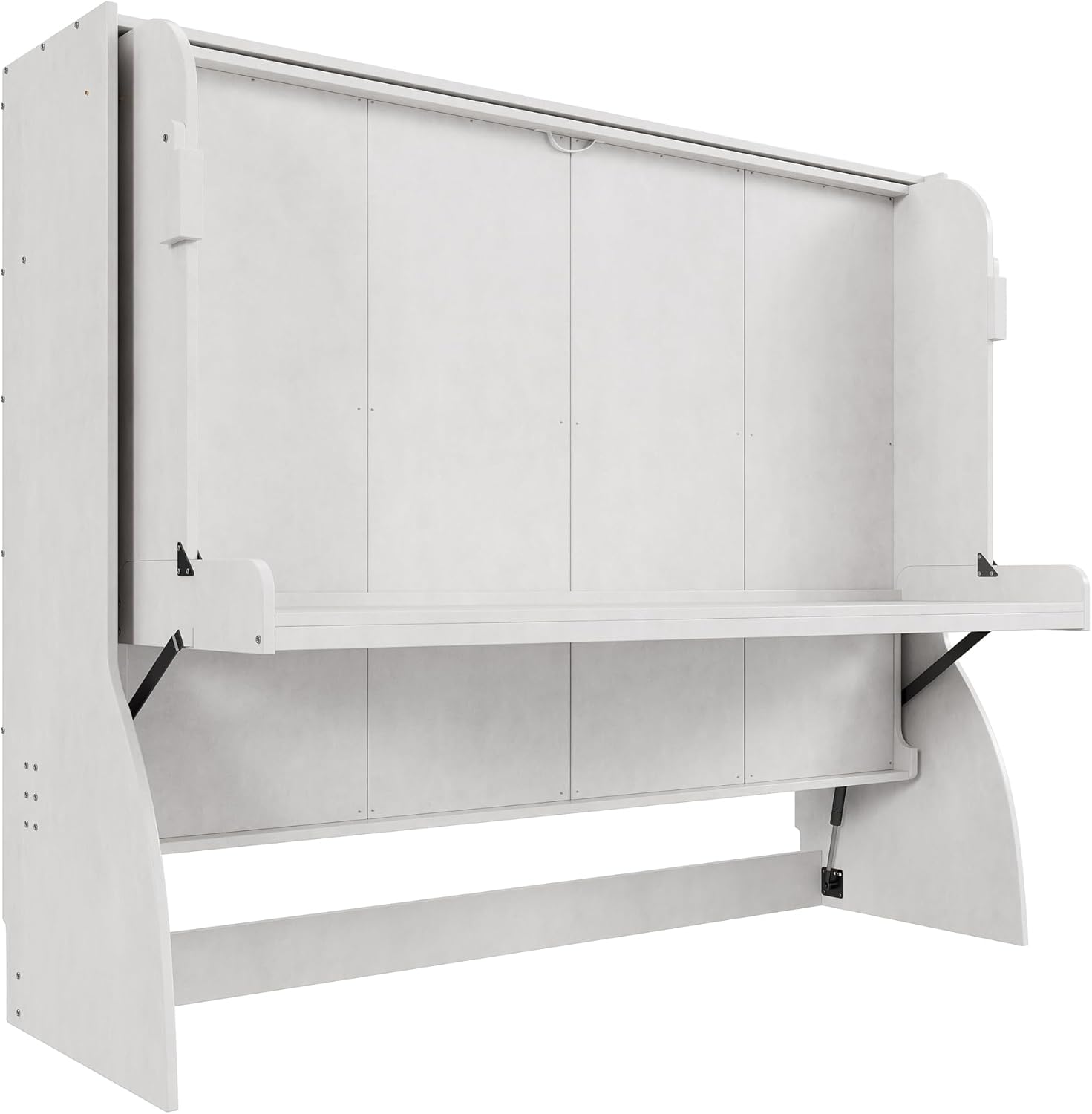 SOFTSEA Pine Wood Murphy Bed with Desk, Full Size Foldable Platform Bed with 3 Open Storage Cabinets, Space-Saving Hidden Wall Murphy for Home Guest Room, Antique White