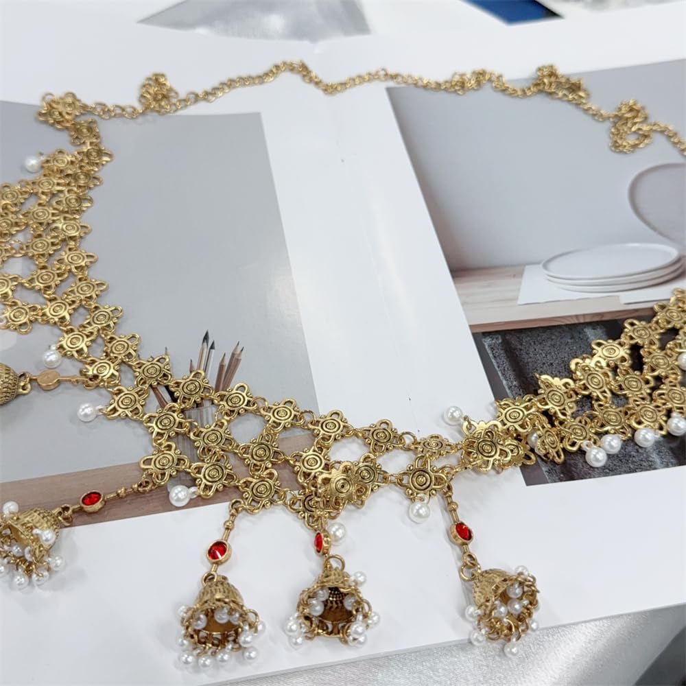 Vintage Body Chain for Women Gold-Tone Plated Tassel Bells Crystal Bead Waist Chain Gold-Tone Plated Belly Belt Adjustable Sexy Bikini Beach Daily Belts Body Jewelry Indian Jhumka Festival Accessories