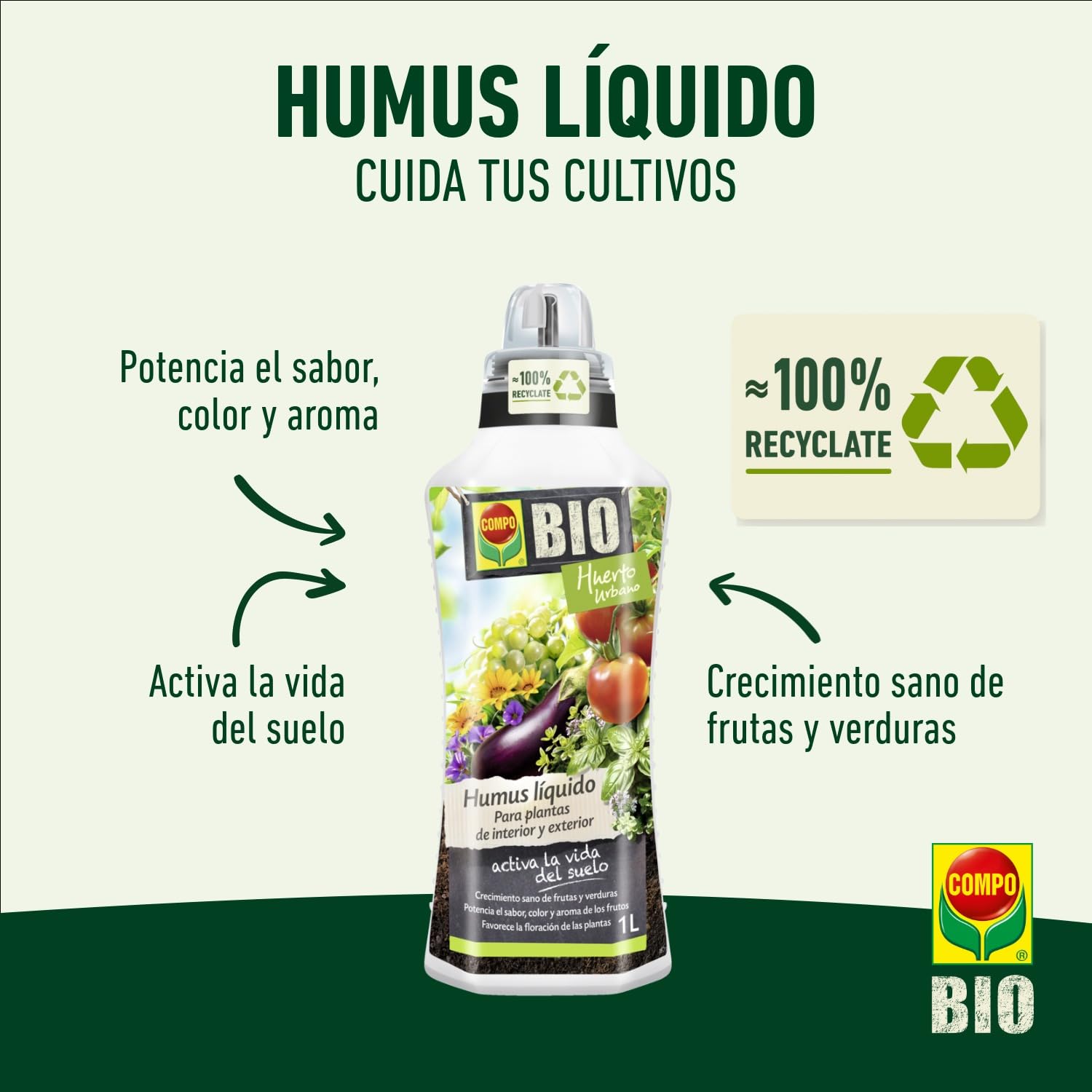 COMPO Humus líquido, Crecimiento sano de frutas y verduras, Apto para agricultura ecológica, 1L