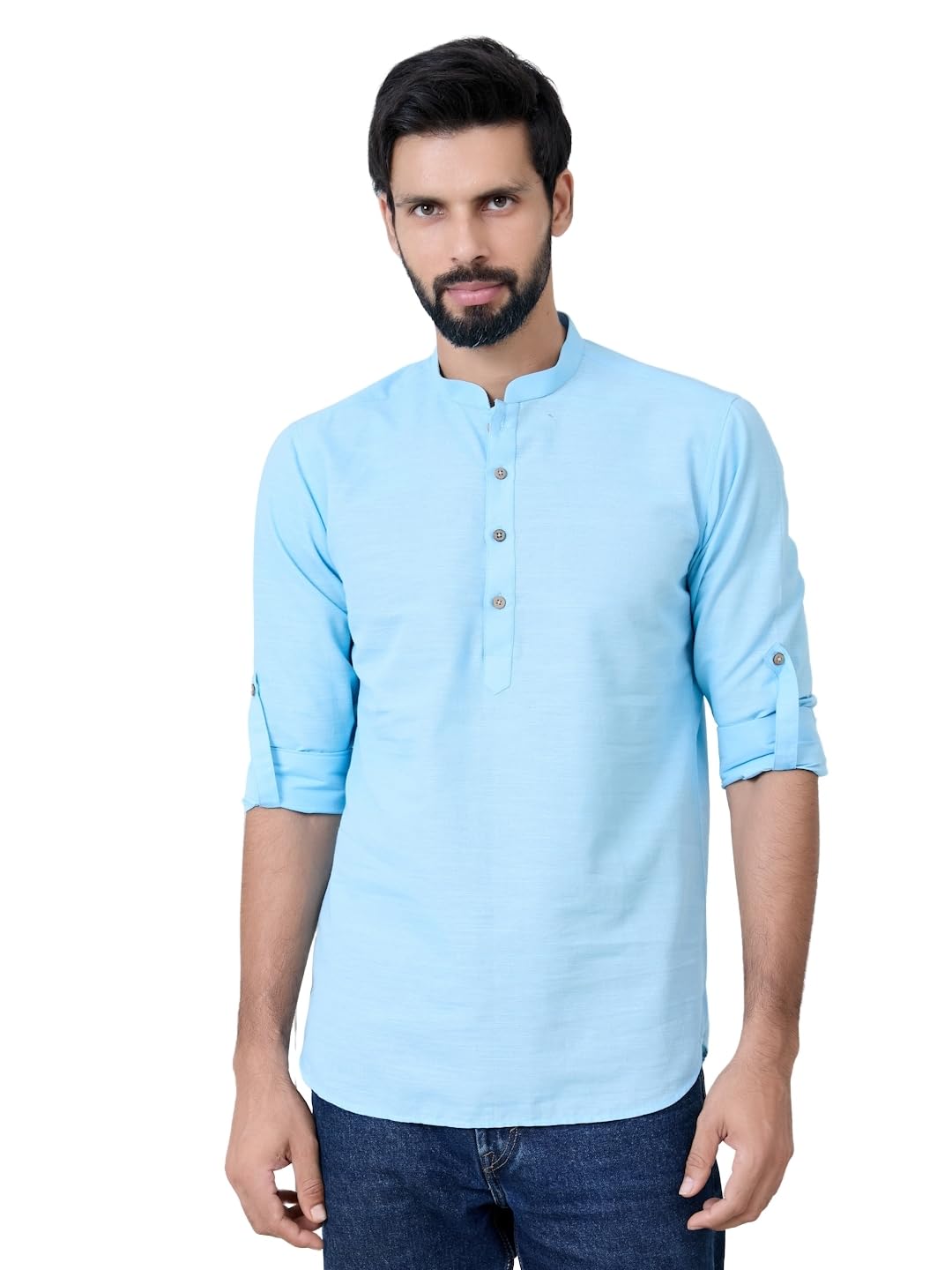 See Designs Men's Roll-Up Sleeve Mandarin Collar Light Blue Solid Cotton Short Kurta - Sdkt2983L