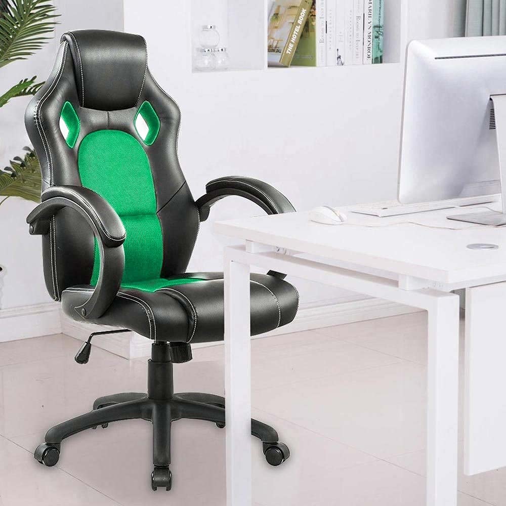 BAKAJI Sedia Sportiva Poltrona Direzionale da Ufficio 4 Ruote Girevole 360° Modello Racer Gaming Design Extra Lusso in Ecopelle Nero e Tessuto (Verde)