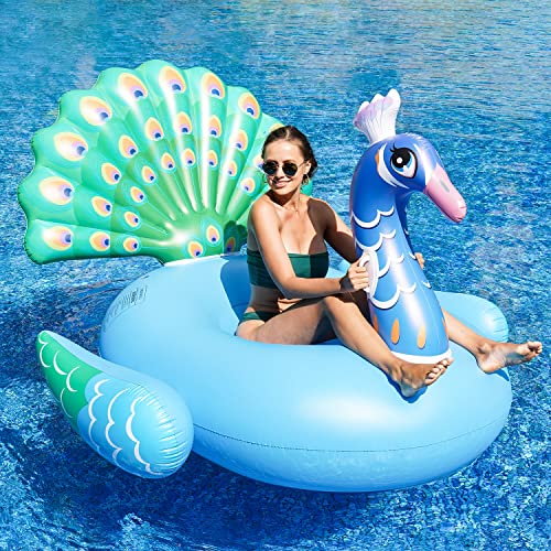 Finduwill Giant Pool Floats - 85" Large Peacock Pool Floaties With Fast Valves, Pool Raft Ride On Pool Lounger Inflatables Pool Floats For Adults, Summer Beach Swimming Pool Party Decorations #TOP2