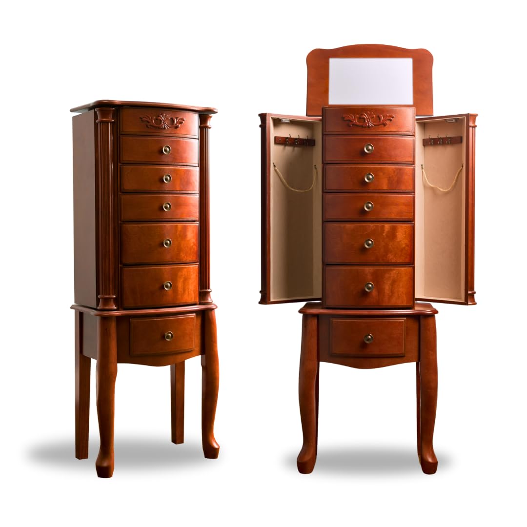 Hives and HoneyMarian Jewelry Armoire – Standing Jewelry Organizer with Mirror, 6 Drawers, Side Doors with Necklace Hooks, Anti-Tarnish Felt Lining