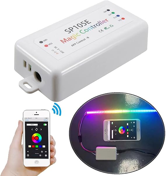 VIPMOON SP105E Wireless Bluetooth LED Controller, DC5V-24V Magic Dream Colour Controller, iOS/Android App Control, Compatible with WS2811/WS2812B/WS2801/SK6812/APA102/6803 IC LED Strip Lights