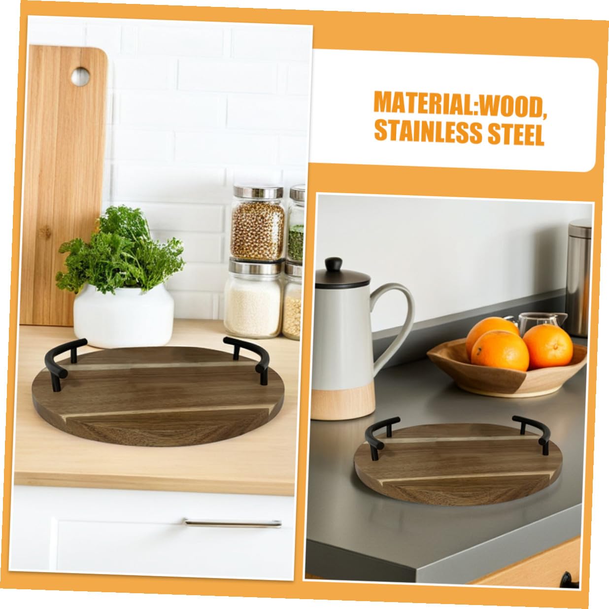 Yardwe Holz Serviertablett Rund Holztablett mit Edelstahlgriffen Hitzebeständig Kaffeefarben für Getränke und Obst für Wohnzimmer Deko und Tischorganisation