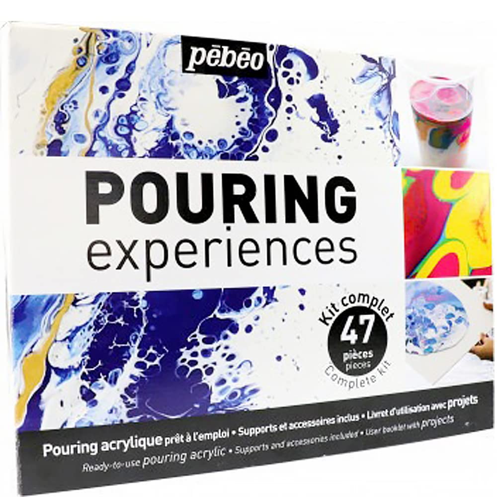 Pébéo 524600 Discovery Acryl Pouring 8 x 118 ml butelki z mieszanymi farbami akrylowymi, natychmiastowy zestaw bez mieszania + 50 ml oleju silikonowego + 4 płótna + akcesoria + instrukcja obsługi