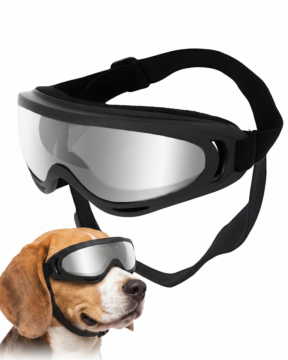 Occhiali per Cani Protezione UV, Occhiali da Sole per Cani Antivento per Cani di Taglia Media e Grande con Cinghie Regolabili, Maschera con Lenti Argentate per Guida Attività all'Aperto