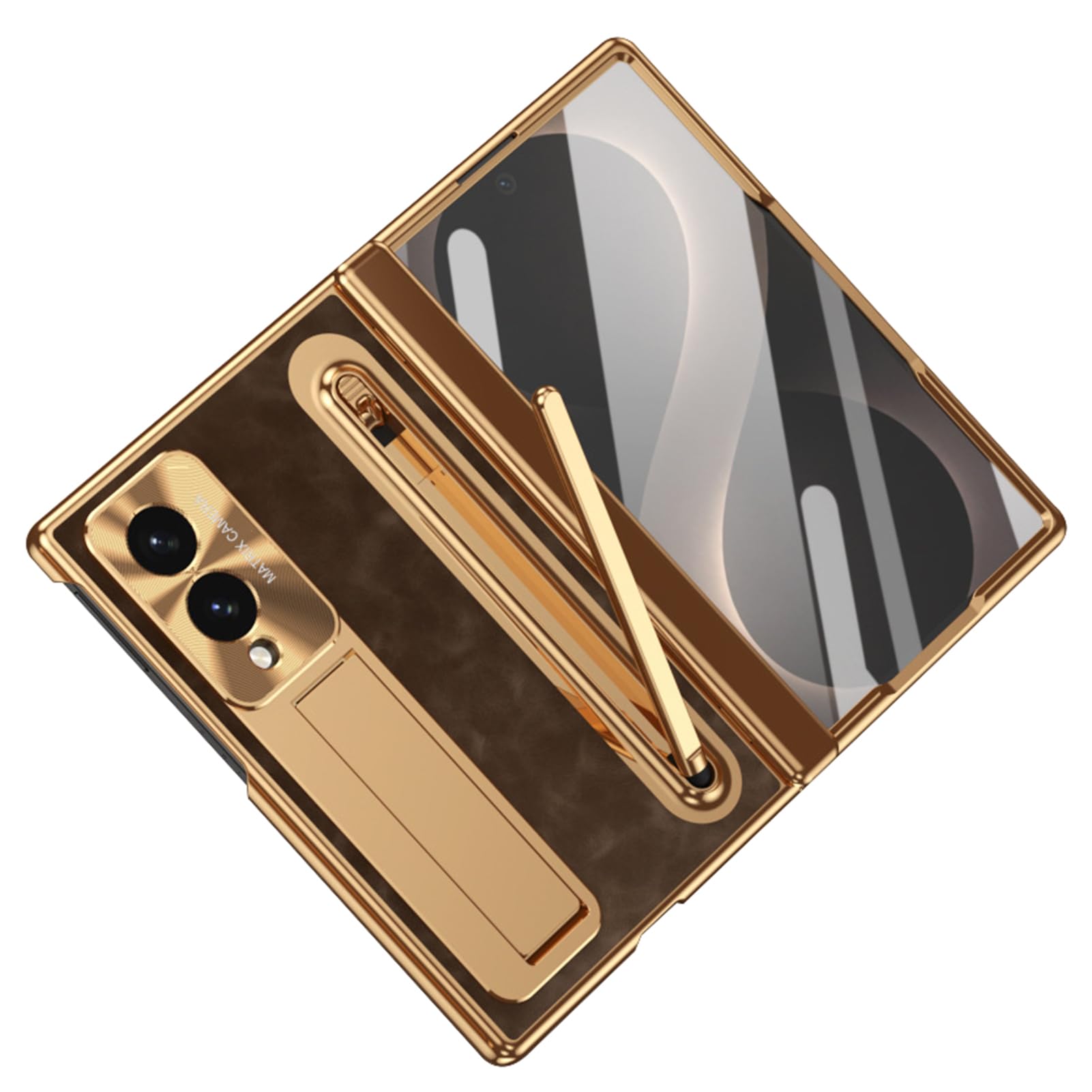 Per Samsung Galaxy Z Fold 8 Custodia Placcata, Stand, Penna, Cerniera | Cover leggera di lusso con stand nascosto e penna. Placcata, anti-macchia, assorbimento urti(Brass)