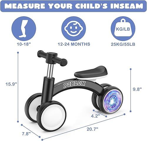 Miniatura 3 de POBLON Colorful Lighting - Bicicleta de equilibrio para bebés de 1 año, bicicleta para niños de 12 a 24 meses con 4 ruedas y asiento suave, regalo