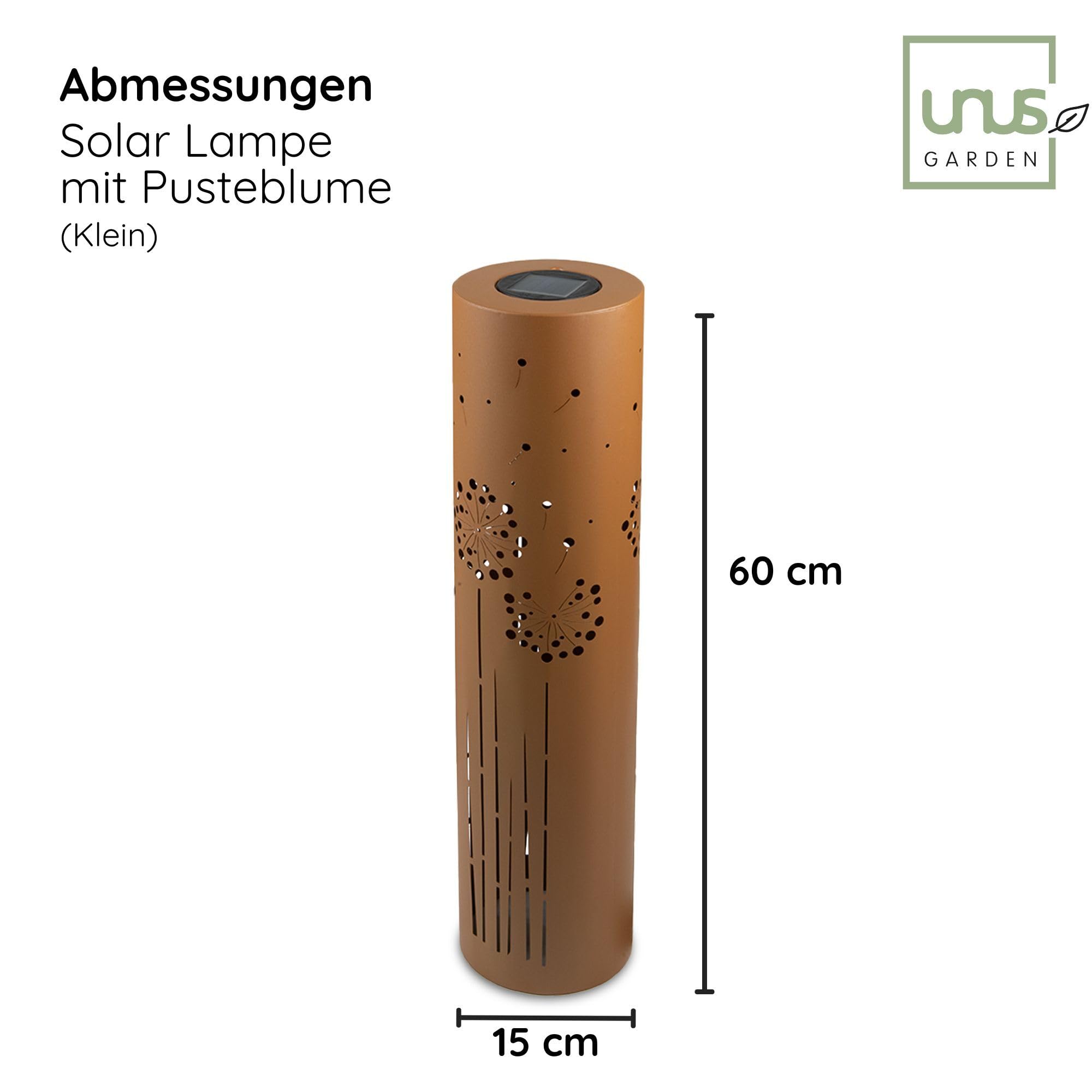 UNUS 2er Set Solarlampen für den Garten 60 cm und 80 cm, mit Pusteblume, Gartenlampen für draußen in Rostbraun, Solarlaterne für den Außenbereich als Gartenbeleuchtung
