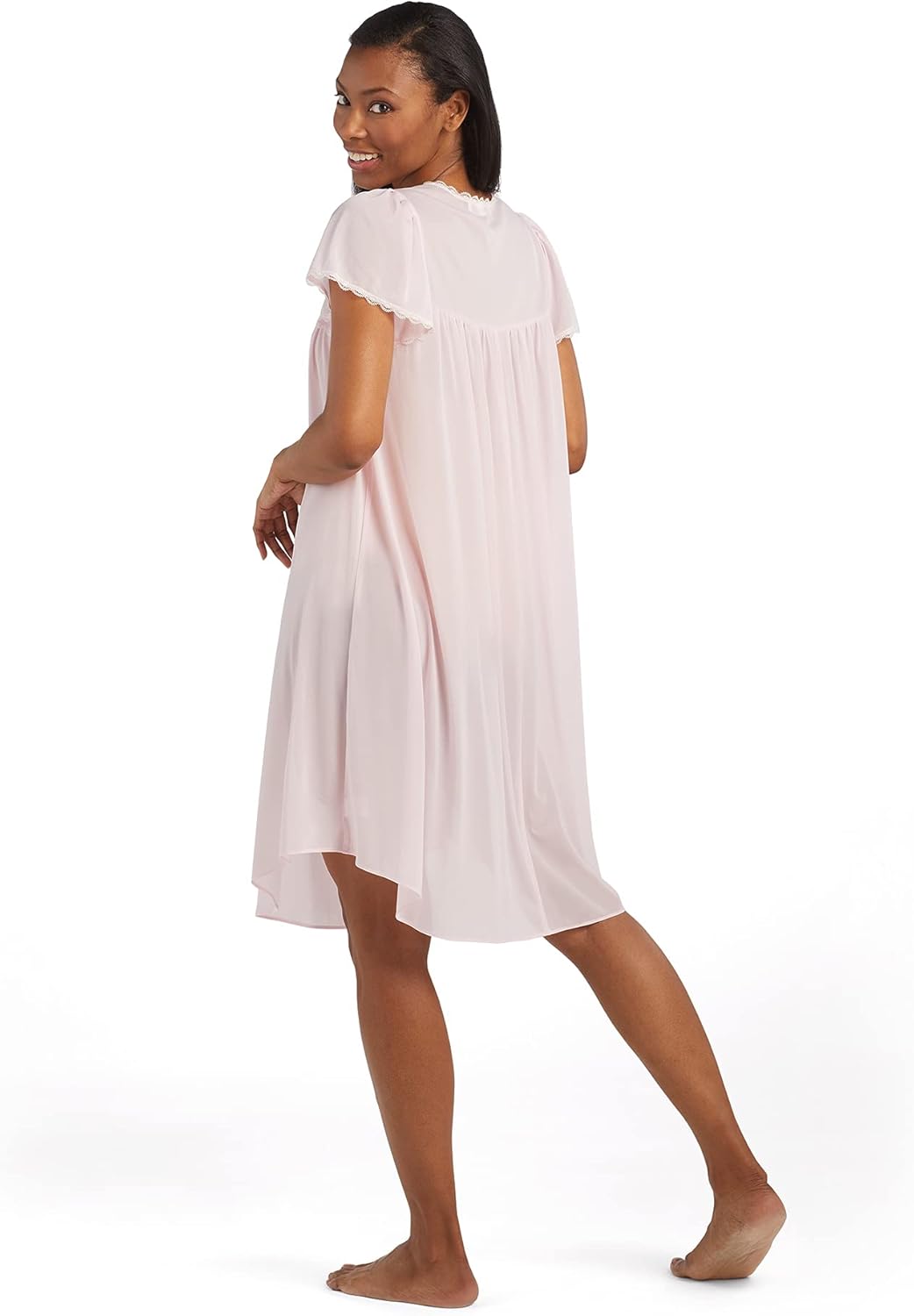 Miss Elaine Silk Essence Nightgown - Short Silky & Sheer Tricot Gown with Flutter Sleeves - Image 2