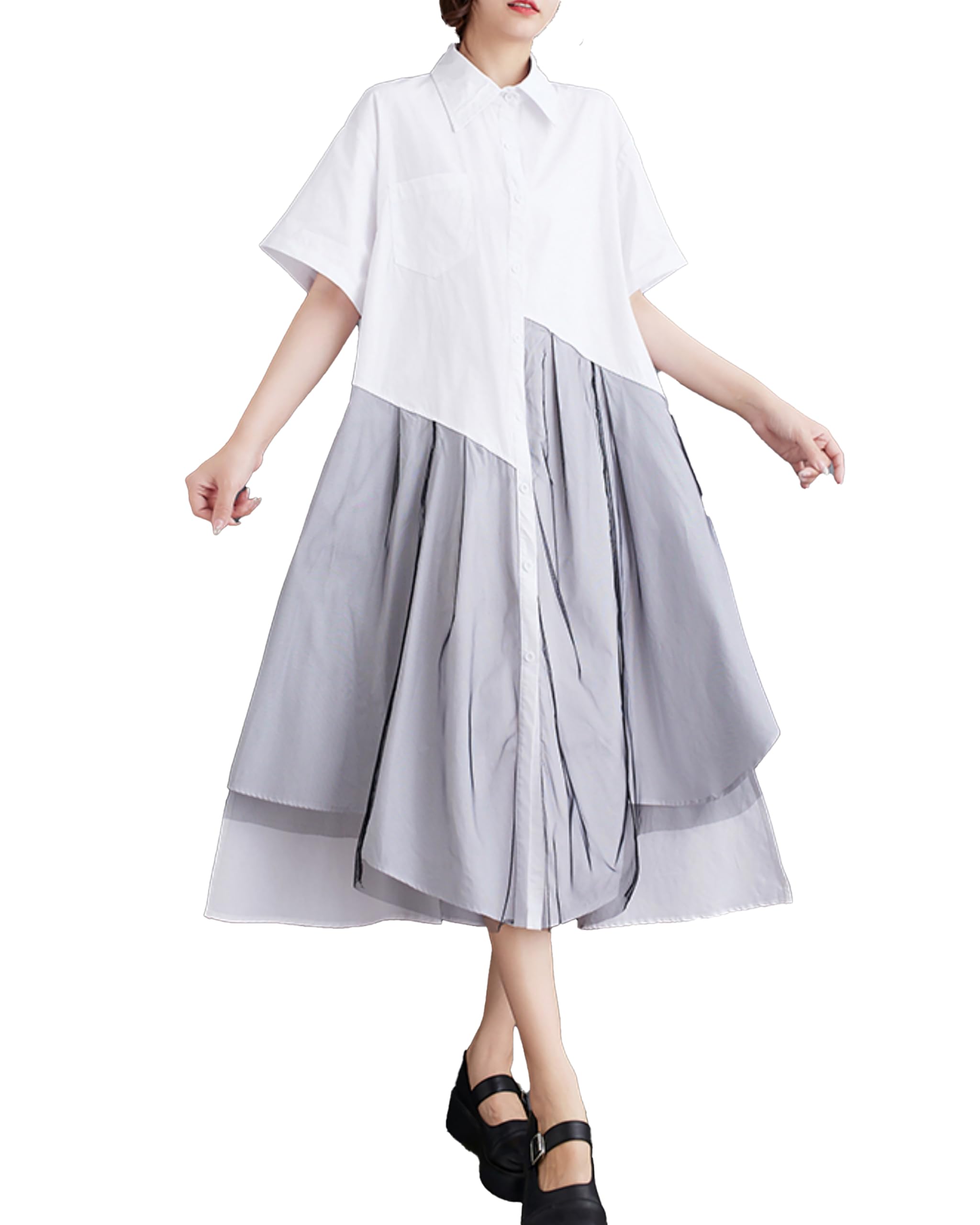 ellazhuWomen's Short Sleeves Solid Color Irregular Hem Casual Shirt Dress GZ175