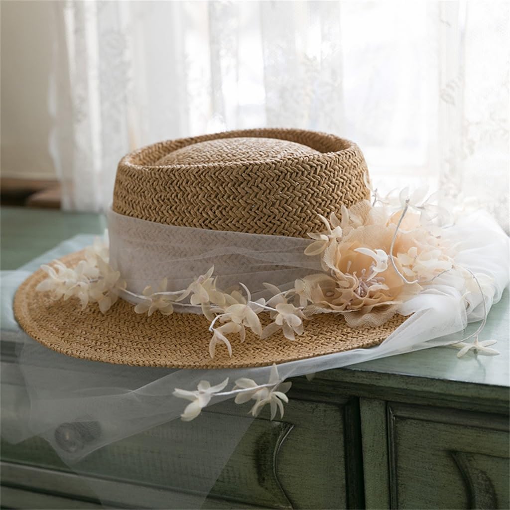 French Wedding Dress Retro with Gauze Hat, Flat Top Beach Shading for Travel Photography