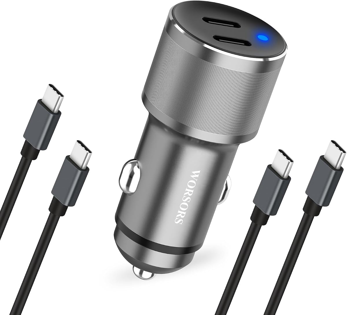 Dual 45W USB C Car Charger with 2-Pack Type C Cable 3.3Ft for Phones,Gray | 90W All Metal 12V Dual USB-C Cigarette Lighter Adapter for iPhone 17 Pro Max/16/15/iPad,Samsung Galaxy S26+/S25,Google Pixel