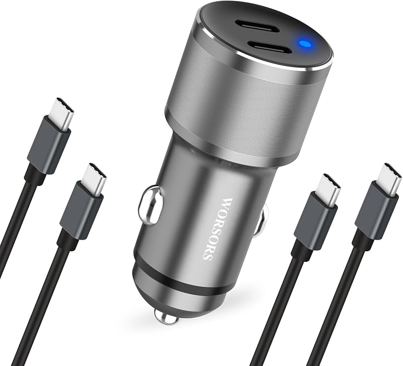 Dual 45W USB C Car Charger with 2-Pack Type C Cable 3.3Ft for Phones,Gray | 90W All Metal 12V Dual USB-C Cigarette Lighter Adapter for iPhone 17 Pro Max/16/15/iPad,Samsung Galaxy S26+/S25,Google Pixel