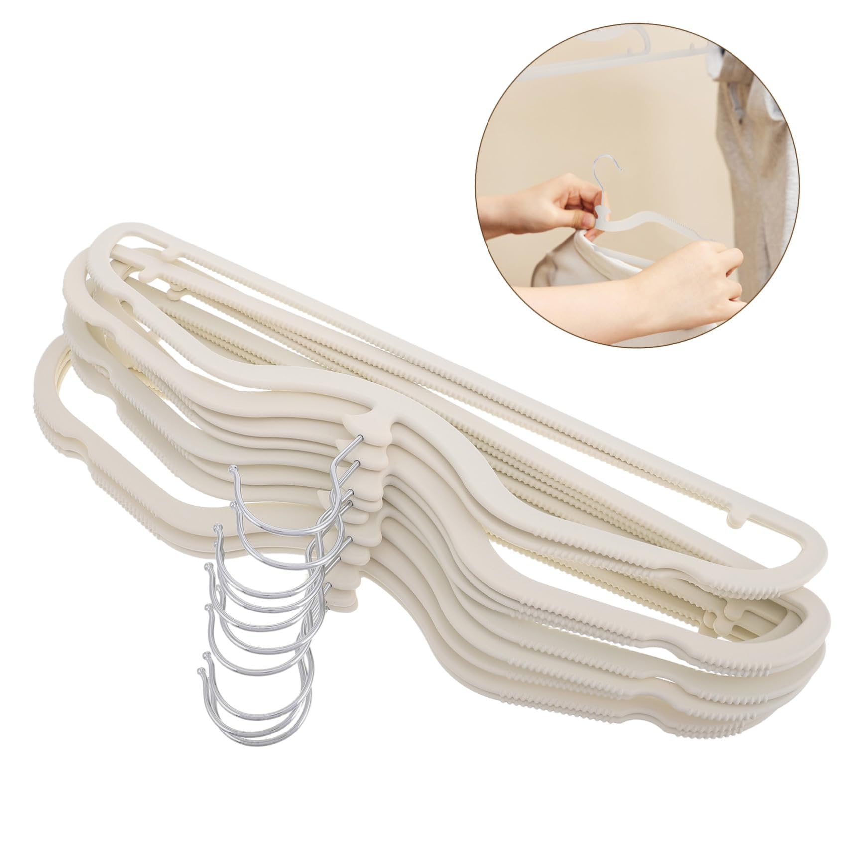 Perchas de Cuello Corto de Silicona, 10 Piezas, Beige | Diseño Antideslizante sin Marcas, Pet Recubrimiento de Goma, Flexibles y Suaves para Armario