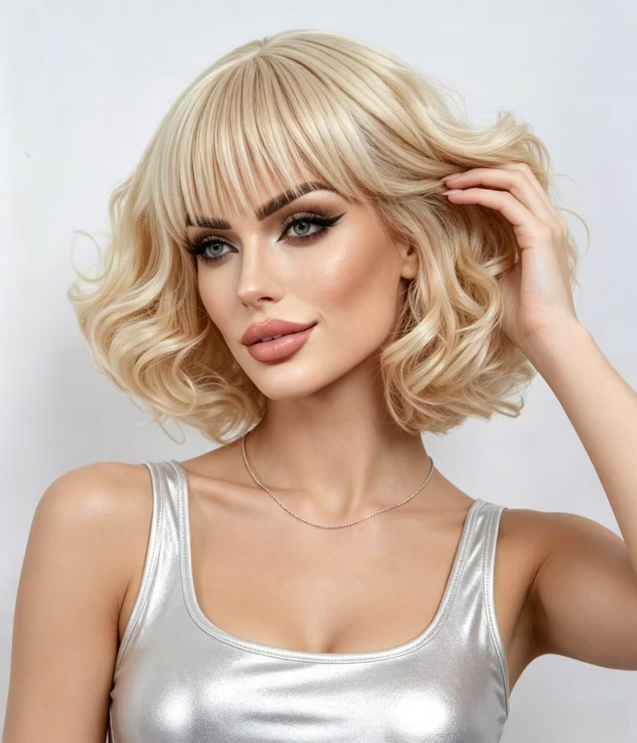 Rugelyss Short Curly Wavy Blonde Wig with Bangs Synthetic Hair Wigs for Women for Cosplay or Party