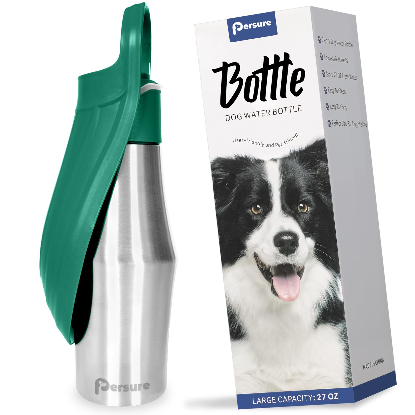 Persure 27 OZ Dog Water Bottle Portable Stainless Steel Convenient Pet Water Dispenser, Leak Proof Puppy Travel Water Bowl for Dog Outdoor Walking, Hiking, Perfect Size for All Dog Breeds, Sage Green