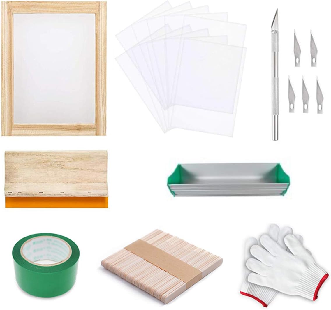 Screen Printing Kit, Goaup Silk Screen Printing Enthusiast Kit Include Screen Printing Frame with 110 White Mesh, Screen Printing Squeegees, Transparency Film Tape