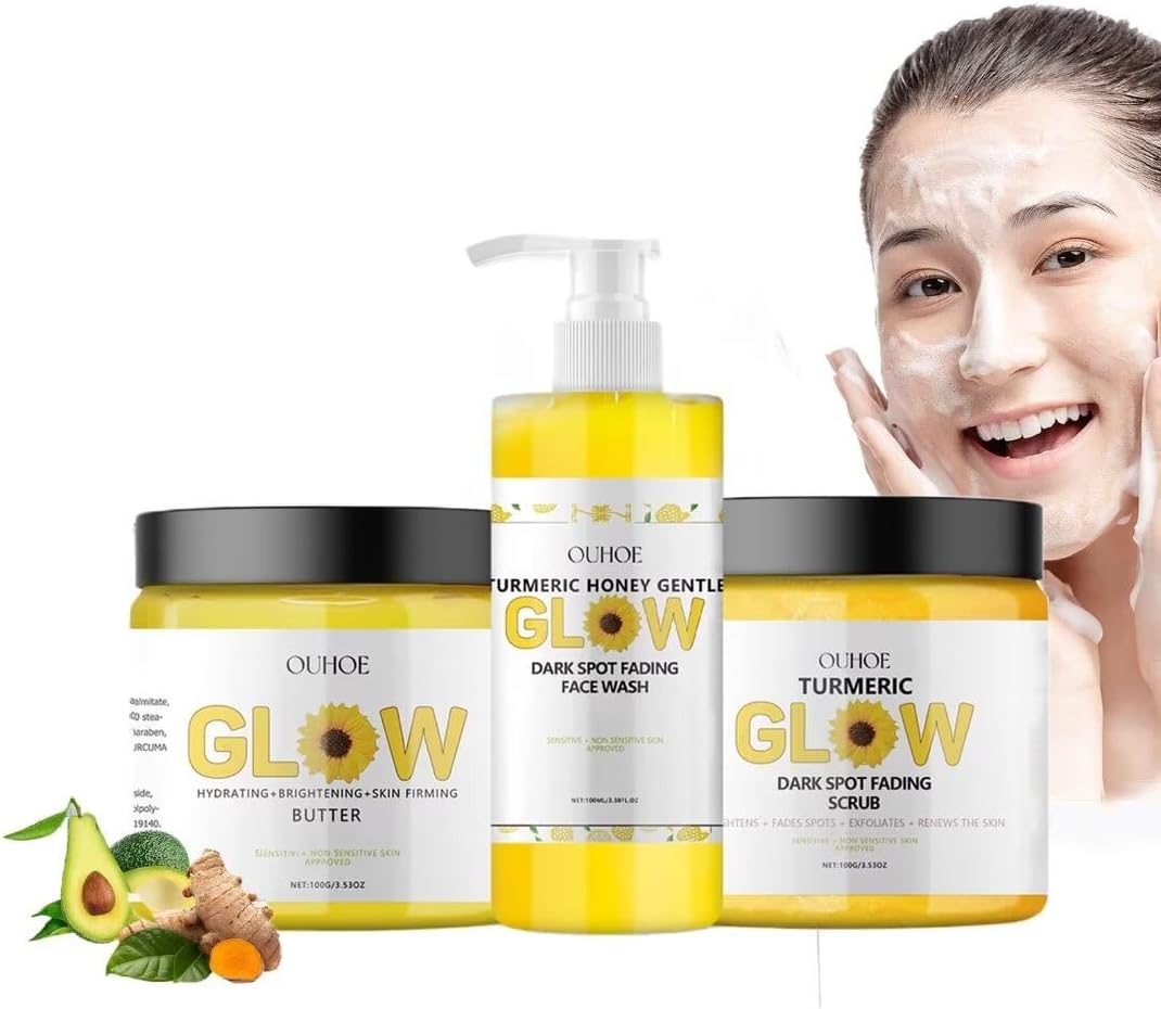 CLY AMS Turmeric Glow Combo Skincare Set Face Wash Scrub Butter Anti Aging Moisturizer for Wrinkles, Soothing Hydrating Turmeric Skincare Set for Face & Body
