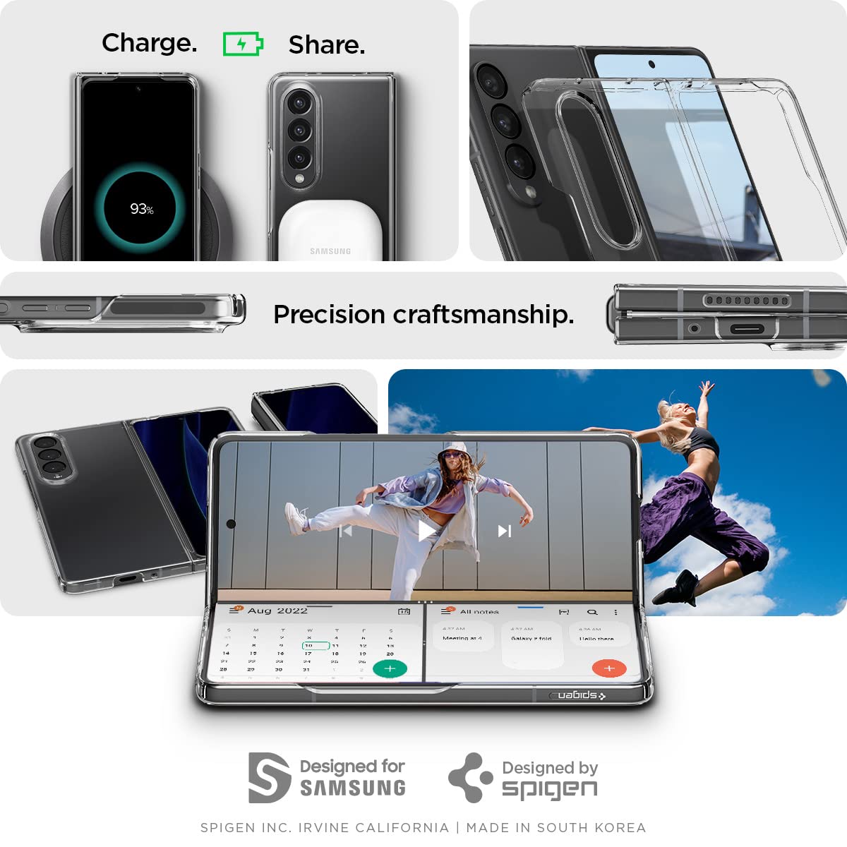 Samsung Galaxy Z Fold4 in the Spigen Air Skin case, demonstrating wireless charging compatibility and precise craftsmanship around ports.