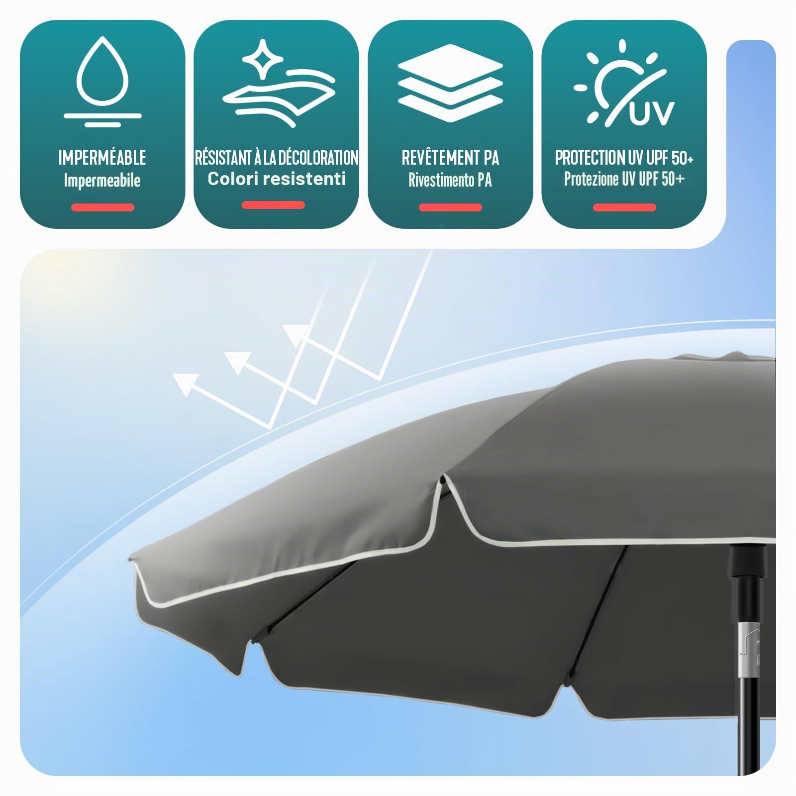 VOUNOT® Ombrellone da Spiaggia 2m Inclinabile Altezza Regolabile, Ombrellone da Giardino con Ancoraggio al Suolo Protezione UV 50+ e Borsa da Trasporto per Balcone, Terrazza e Campeggio, Grigio